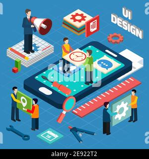 User interface engineering for electronic appliances and mobile devices concept pictograms composition design isometric abstract  vector illustration Stock Vector