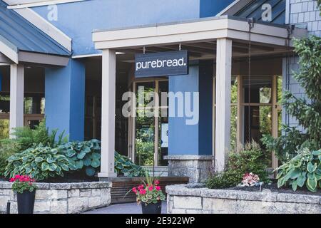Whistler, Canada - July 5,2020: View of sign Purebread. Bakery in Whistler Village Stock Photo