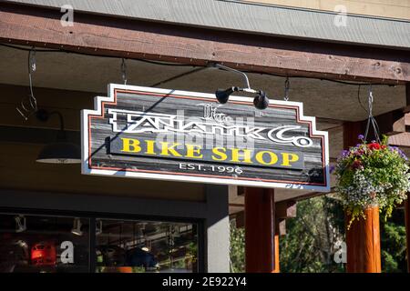 Whistler, Canada - July 5,2020: View of sign Fanatyk Co Ski & Cycle bike shop in Whistler Village Stock Photo