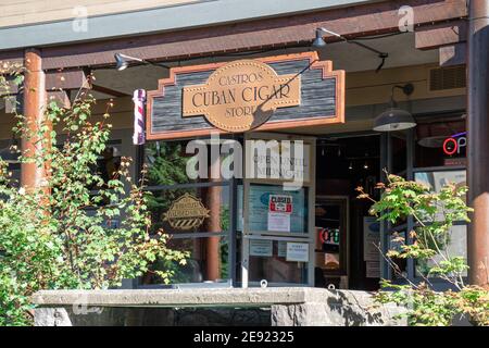 Whistler, Canada - July 5,2020: View of sign Castros Cuban Cigar Store in Whistler Village Stock Photo