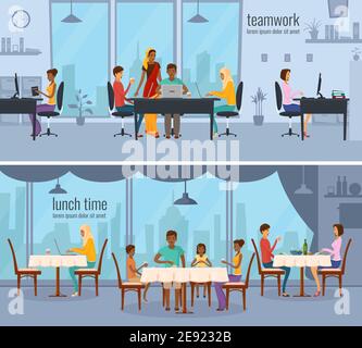 Two horizontal compositions with eastern people from different ethnic groups working in office and sitting in cafe flat vector illustration Stock Vector