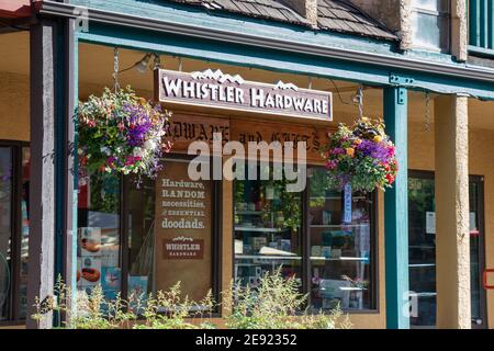 Whistler, Canada - July 5,2020: View of sign Whistler Hardware Store in Whistler Village Stock Photo