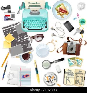 Vintage set of accessories for journalist writer typist with typewriter photo camera paper notepad fountain pen flat isolated vector illustration Stock Vector