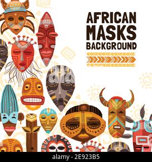 Flat background with colorful african ethnic tribal masks of different size and shape vector illustration Stock Vector