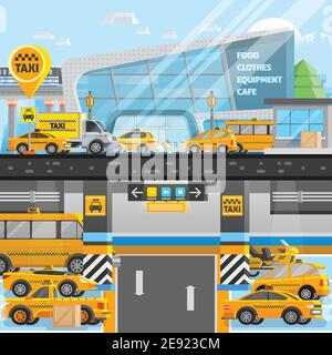 Taxi cars composition with vehicles on underground and land parking in flat style vector illustration Stock Vector