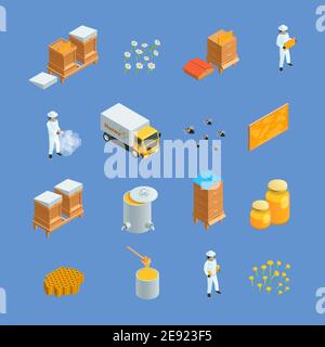 Isometric icons set of different beekeeping apiary elements like honey bee hives apiarist isolated vector illustration Stock Vector