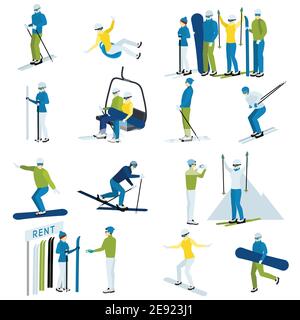 Ski resort  icons set with  people moving down from mountain on skis and snowboards isolated vector illustration Stock Vector
