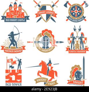 Historical and fairy heraldic emblems and logos set with knights towers and archers flat isolated vector illustration Stock Vector