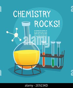 Chemical laboratory cartoon concept with flask  tubes and molecule model vector illustration Stock Vector