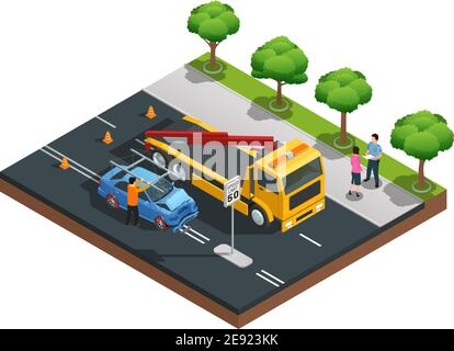 Road accident isometric composition with damaged car evacuator drivers and policeman vector illustration Stock Vector