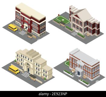 School building isometric icons set with field bus and benches isolated vector illustration Stock Vector