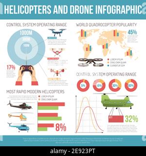 Helicopters and drone infographics layout with copters technical parameters and information about most rapid modern models flat vector illustration Stock Vector