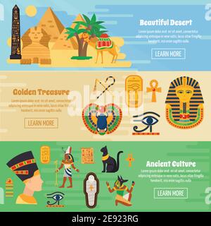 Egypt horizontal banners set with golden treasure symbols flat isolated vector illustration Stock Vector