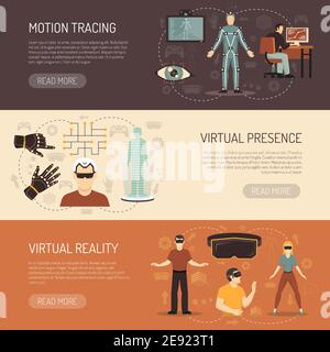 Virtual reality horizontal banners with gamers and devices for motion tracing eye tracking and virtual presence flat vector illustration Stock Vector