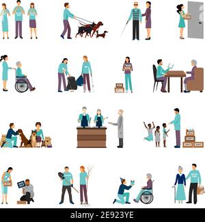 Volunteers set with people helping seniours social support flat icons isolated vector illustration Stock Vector
