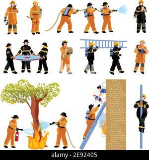 Decorative flat color icons set of firefighter people extinguishing fire with firehose and saving children vector illustration Stock Vector
