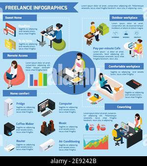 Coworking freelance people infographic set with teamwork symbols isometric vector illustration Stock Vector