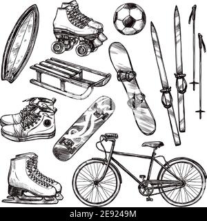 Winter and summer sport equipment set with hand drawn soccer ball bicycle and roller skates isolated vector illustration Stock Vector