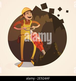 Mining concept with labor worker drilling with jack hammer in coalmine retro cartoon style vector illustration Stock Vector