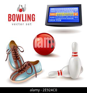 Bowling realistic icons set with shoes ball and pins isolated vector illustration Stock Vector