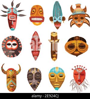 Flat set of colorful african ethnic tribal ritual masks of different shape isolated on white background vector illustration Stock Vector