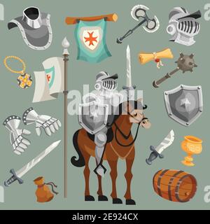 Knights armor fairy tale cartoon icons set isolated vector illustration Stock Vector