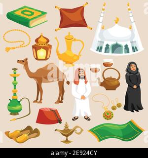 Arabic and eastern culture decorative cartoon icons set isolated vector illustration Stock Vector