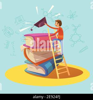 Education retro cartoon concept with boy climbing on books vector illustration Stock Vector