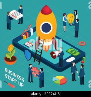 New business startup company successful launch planning concept with rocket start symbol poster isometric abstract vector illustration Stock Vector