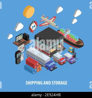 Shipping and storage isometric concept with sea air and land delivery warehouse and equipment vector illustration Stock Vector