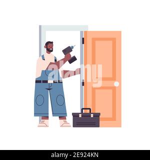 professional african american handyman in uniform installing door with electric hand drill repair service renovation concept full length isolated vector illustration Stock Vector