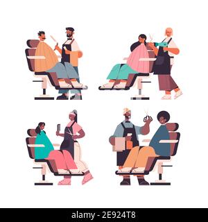 hairdressers making hair style to mix race clients modern beauty salon ...