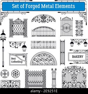 Forged metal elements black white set with gates and street lamps flat isolated vector illustration Stock Vector