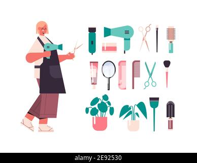 hairdresser in uniform using hair dryer and scissors set tools and accessories icons collection beauty salon concept horizontal full length isolated vector illustration Stock Vector