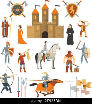 Medieval isolated decorative icons set of knightly castle crusader flags emblems knights on horseback with ancient weapon flat vector illustration Stock Vector