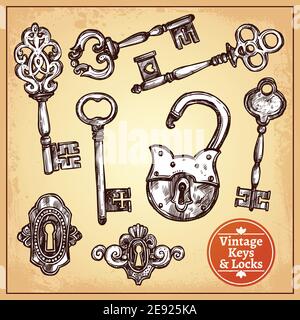 Vintage key, keyhole and lock set or victorian padlock elements