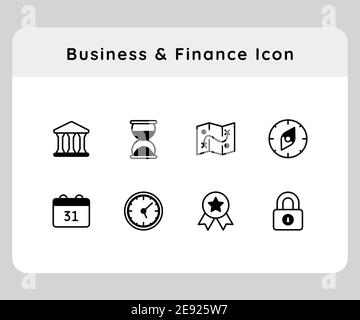 business and finance office bank sand glass map calendar clock icon icons set award padlock collection collections package white isolated background w Stock Photo