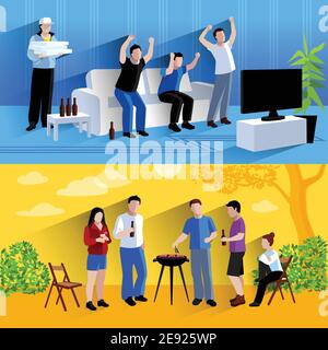 Friends watching tv  football match and barbecuing together 2 flat horizontal banners composition abstract isolated vector illustration Stock Vector