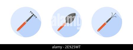Garden tool icons. Shovel, rake and hand cultivator isolated on white background. Vector illustration in flat cartoon style. Domestic orangery and Stock Vector