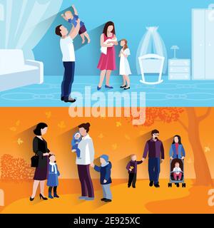 Happy family moments 3 flat banners set with cooking and making snowman ...