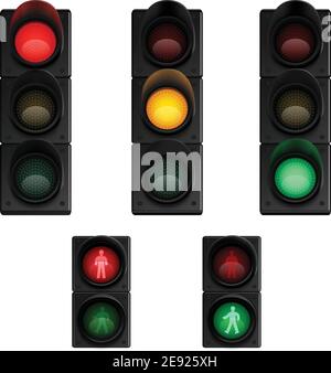 Traffic stop lights signals for transport flow and pedestrians crossing control pictograms collection realistic isolated  vector illustration Stock Vector