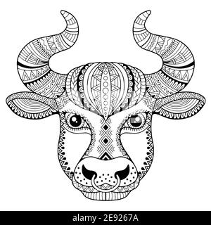 Vector coloring book for adult. Silhouette of bull isolated on white background. Zodiac sign Taurus. Aanimal print. Stock Vector