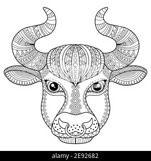 Vector coloring book for adult. Silhouette of bull isolated on white background. Zodiac sign Taurus. Aanimal print. Stock Vector