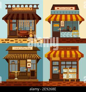 Shops and local mini stores facades set isolated vector illustration Stock Vector