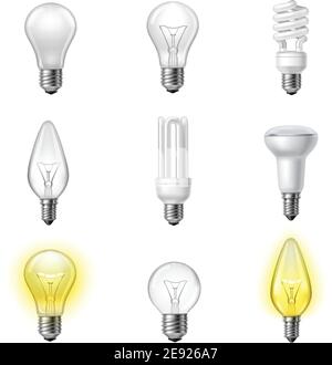 Low energy fluorescent halogen and commonly used different types light bulb realistic pictograms set collection vector illustration Stock Vector