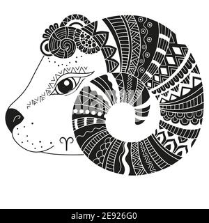 Tattoo style. Silhouette of sheep isolated on white background. Zodiac sign aries Stock Vector