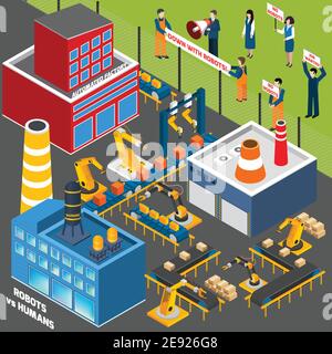 Isometric icons set  with  humans  protest action against the concept of automation industry  vector illustration Stock Vector