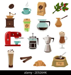 Vintage classic style coffee set flat icons composition with beans grinder and coffeemaker abstract isolated vector illustration Stock Vector