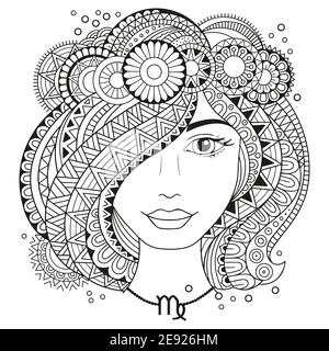 Vector coloring book for adults. Silhouette of woman isolated on white background. Zodiac sign virgo. Stock Vector
