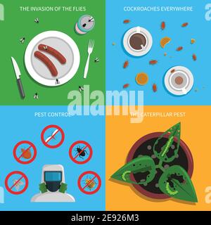 Pest design concept set with flies cockroaches and caterpillars control flat icons isolated vector illustration Stock Vector